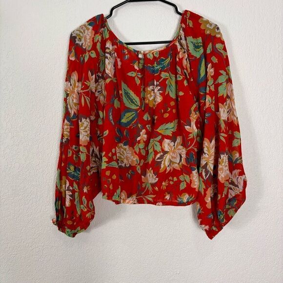 Maeve by Anthropologie Red with Tan Floral Long Sleeve Blouse Top - Picture 2 of 8